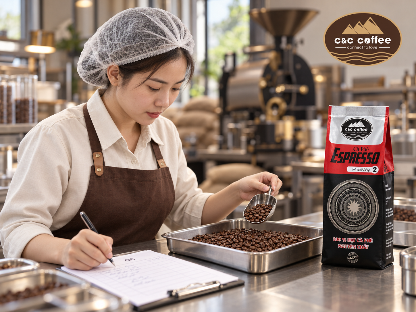 Nhân sự thực hiện kiểm tra chất lượng cà phê sau rang